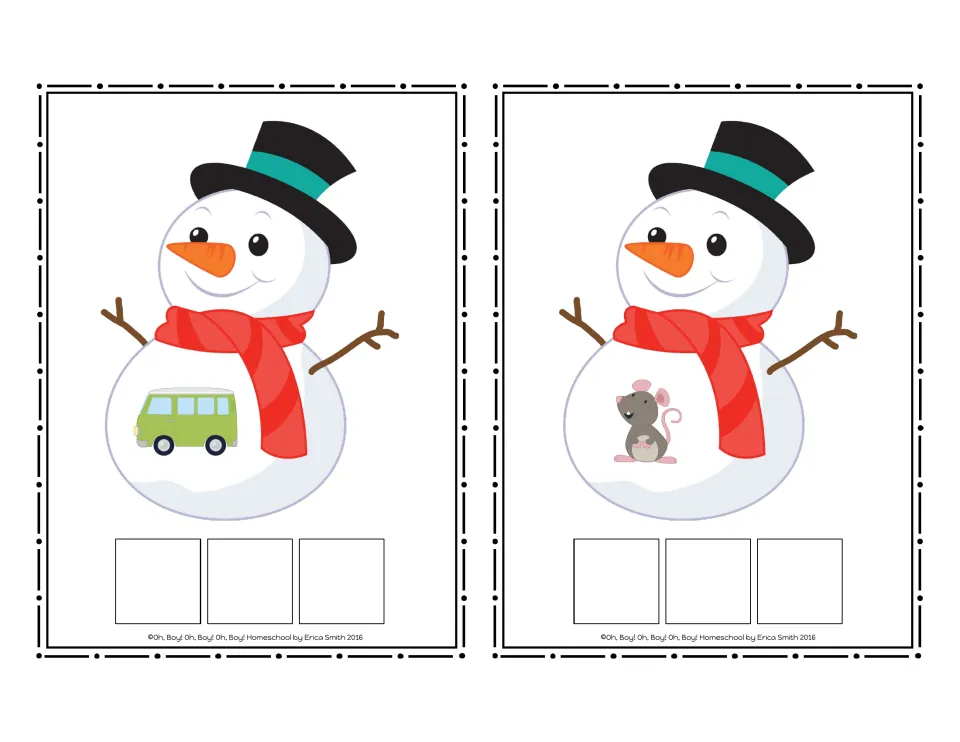 Snowman CVC word cards 1–2 with no printed word: a green van and a rat to spell with letter tiles