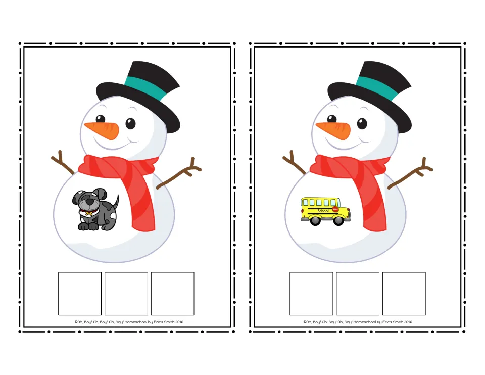 Snowman CVC word cards 3–4 with no printed word: a spotted dog and a yellow school bus to spell with tiles