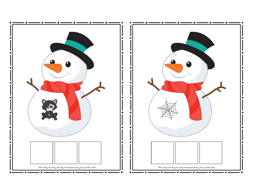 Snowman CVC word cards 5–6 without words: a black cat and a spider web for students to spell with letter tiles