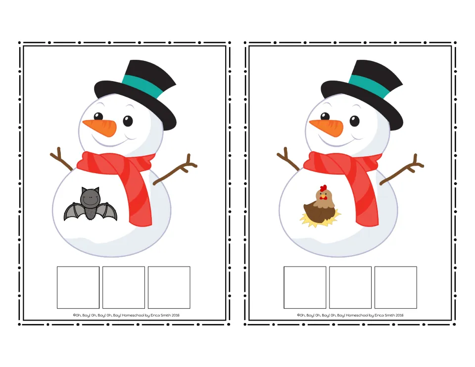 Snowman CVC word cards 7–8 without words: a bat and a hen on a nest, each spelled with three letter tiles