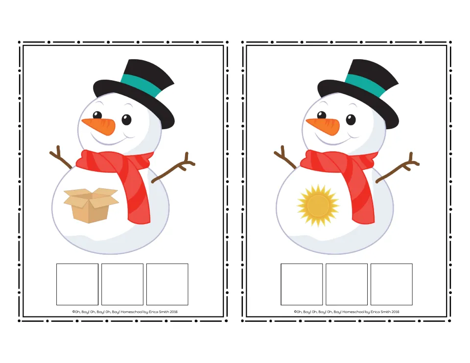 Snowman CVC word cards 9–10 with no printed word: an open cardboard box and a sun to spell with letter tiles