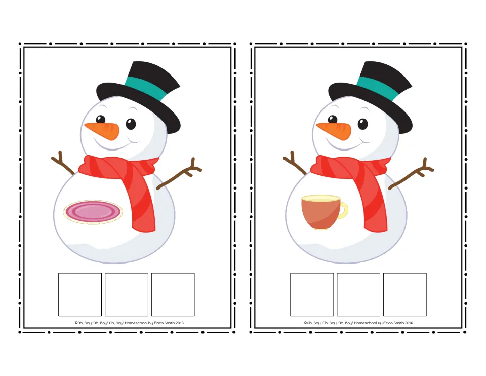 Snowman CVC word cards 11–12 without words: a pink plate and a cup, each with three spaces for letter tiles