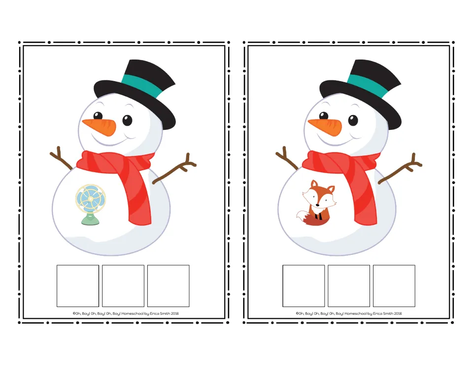 Snowman CVC word cards 13–14 with no printed word: an electric fan and a fox to spell with letter tiles