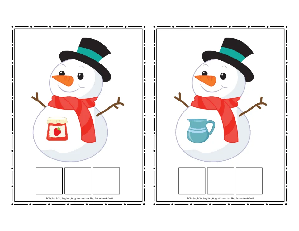 Snowman CVC word cards 15–16 without words: a strawberry jam jar and a blue jug to spell with letter tiles