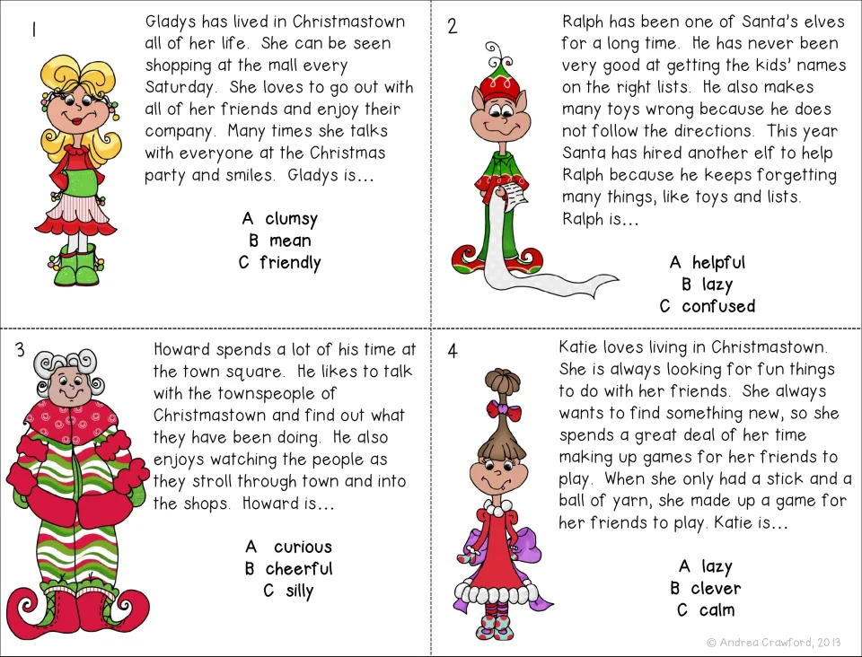 Color character trait cards 1–4: passages about Gladys, Ralph, Howard, and Katie with three choices each