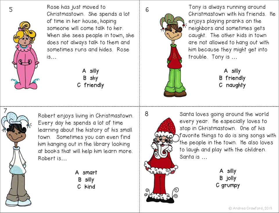 Color character trait cards 5–8: passages about Rose, Tony, Robert, and Santa with three choices each