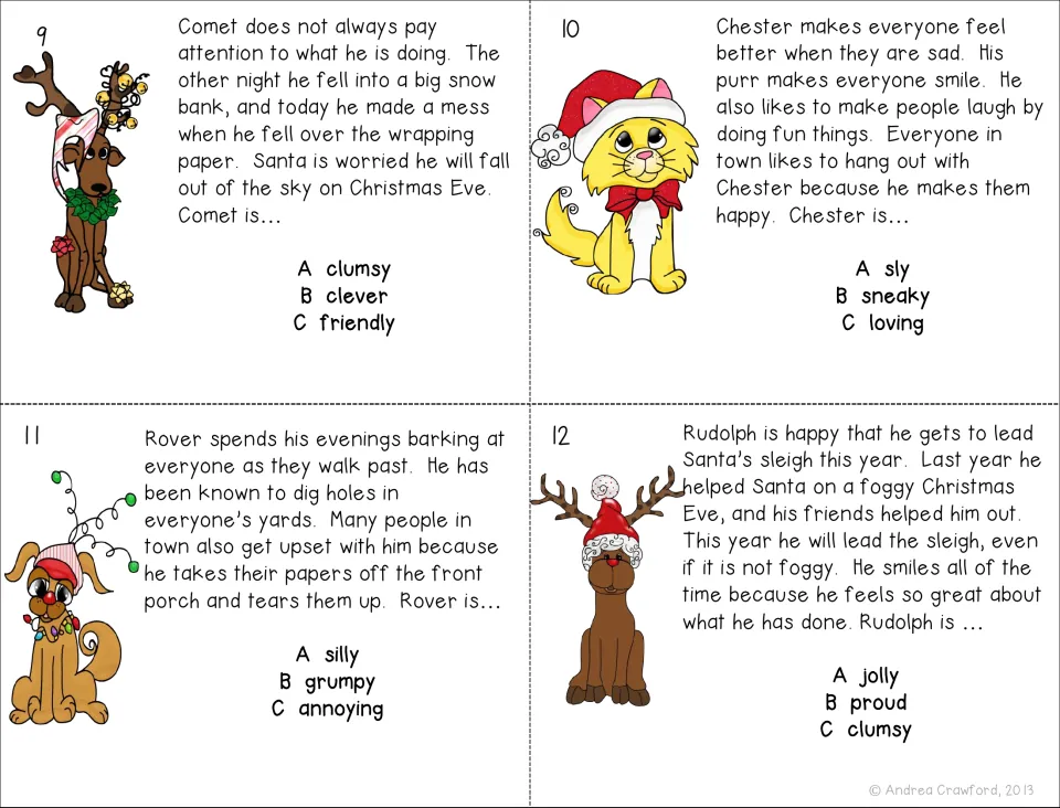 Color character trait cards 9–12: passages about Comet, Chester, Rover, and Rudolph with three choices each