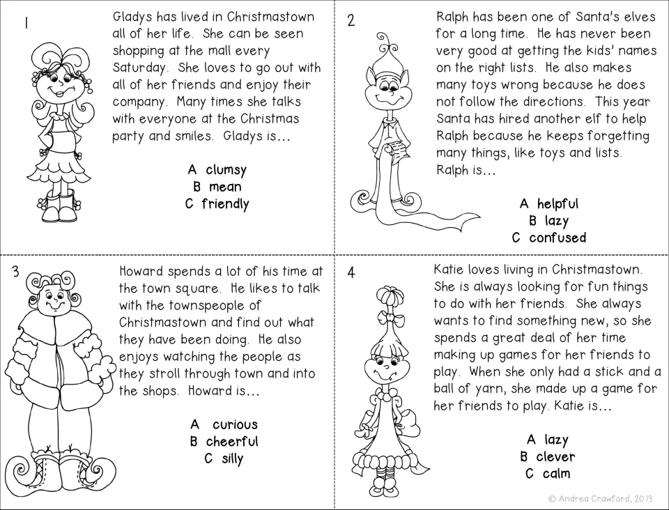 Black-and-white character trait cards 1–4 feature passages and choices for Gladys, Ralph, Howard, and Katie
