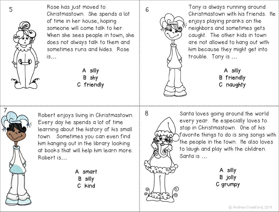 Character trait cards 5–8 repeat Rose, Tony, Robert, and Santa; Robert's illustration retains some color