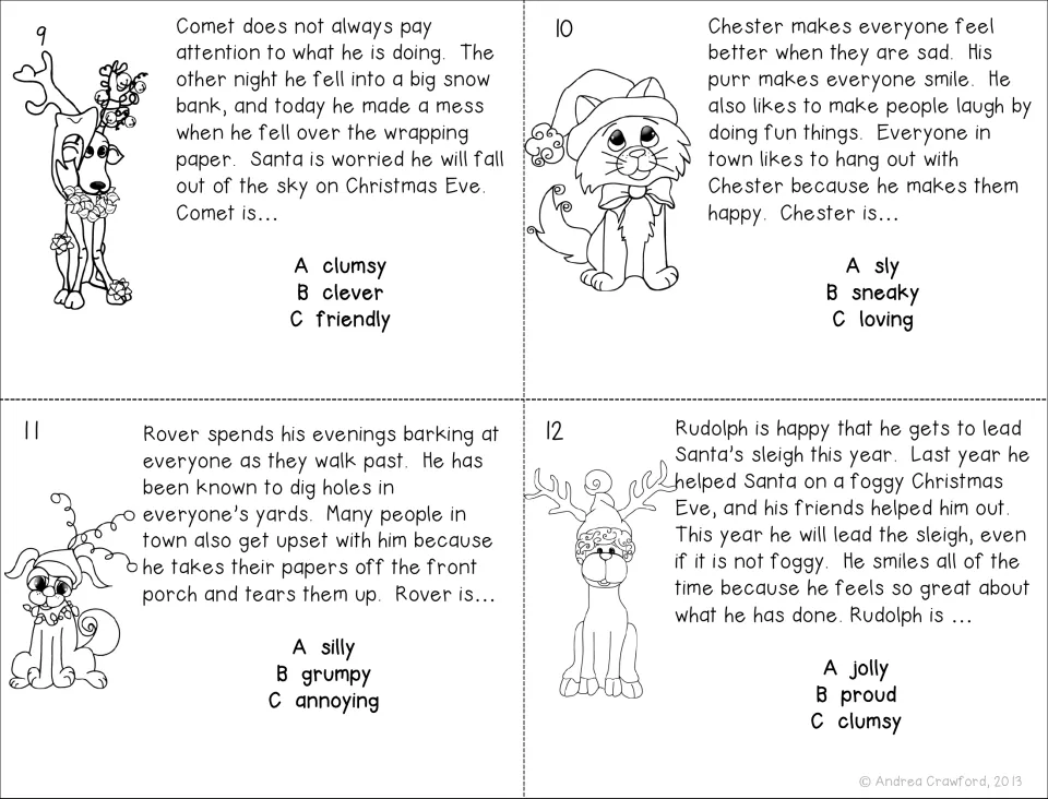 Black-and-white character trait cards 9–12 include passages and choices for Comet, Chester, Rover, and Rudolph