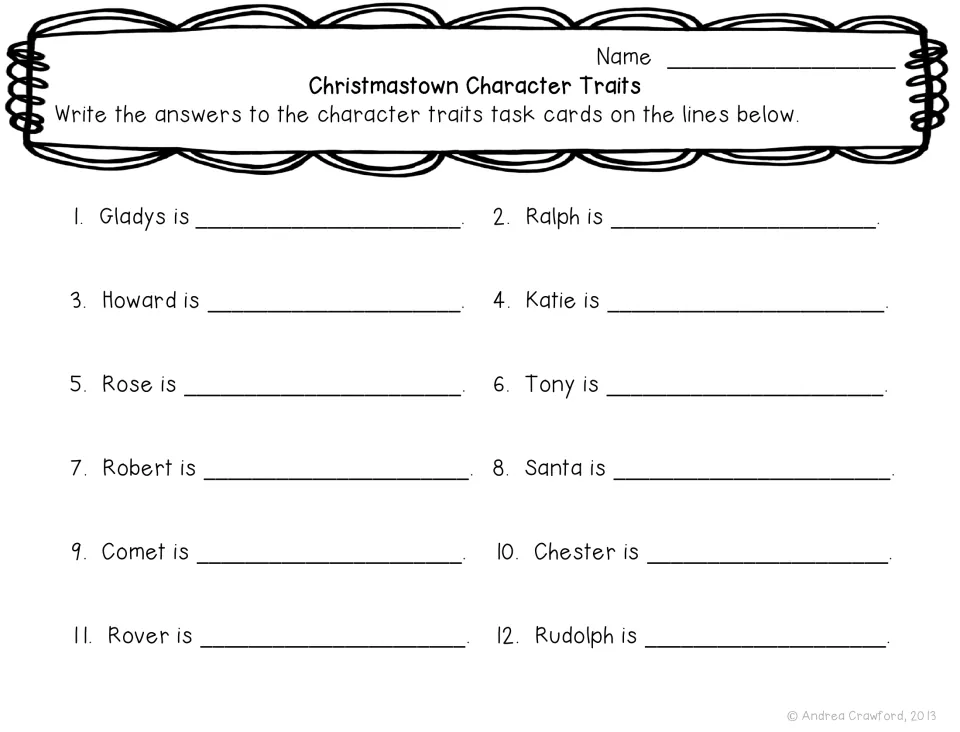 Christmastown recording sheet asks students to write character traits for all 12 characters, Gladys to Rudolph
