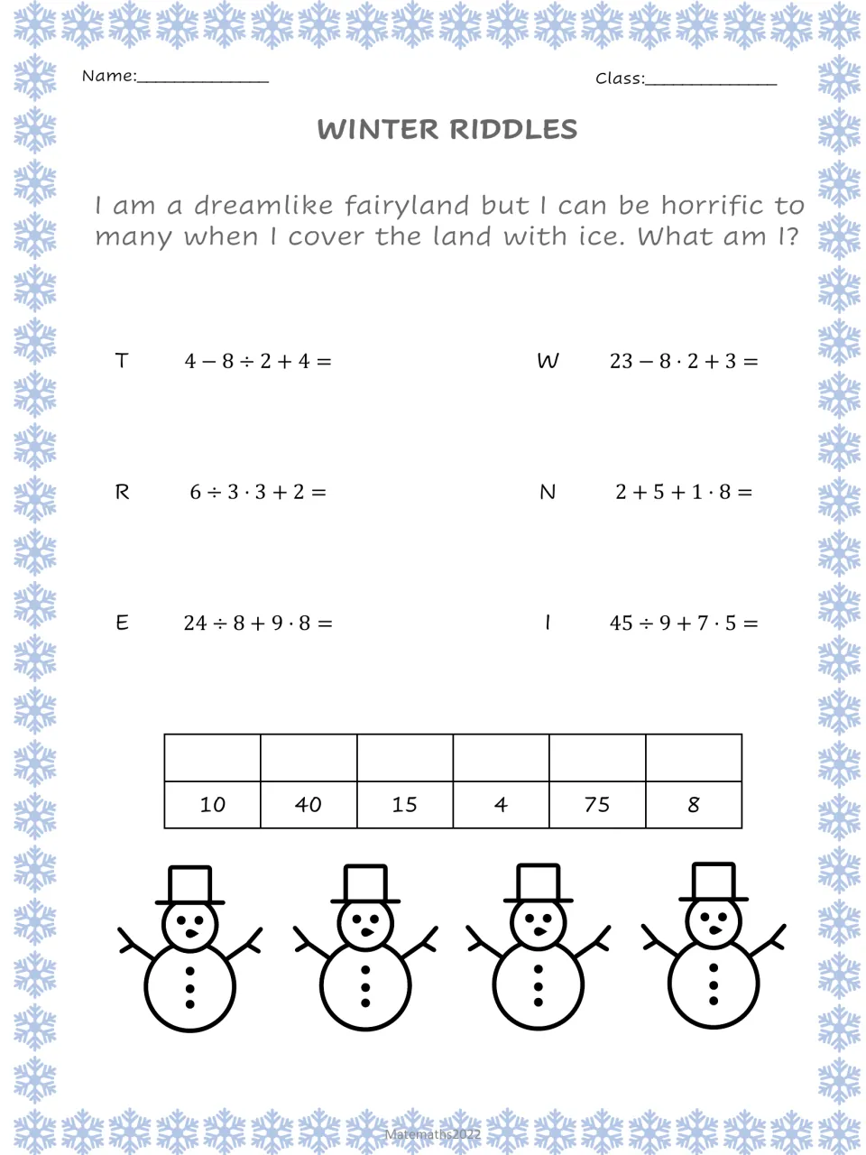 Winter riddle on order of operations: students solve six lettered expressions, then match answers to spell the riddle word
