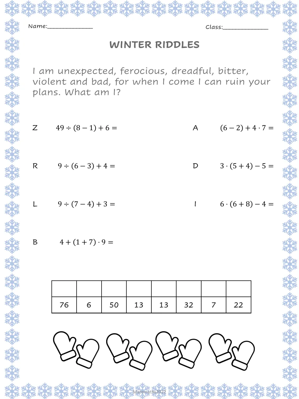 Winter riddle with parentheses: students evaluate seven expressions like 49 ÷ (8 − 1) + 6 and decode a storm riddle