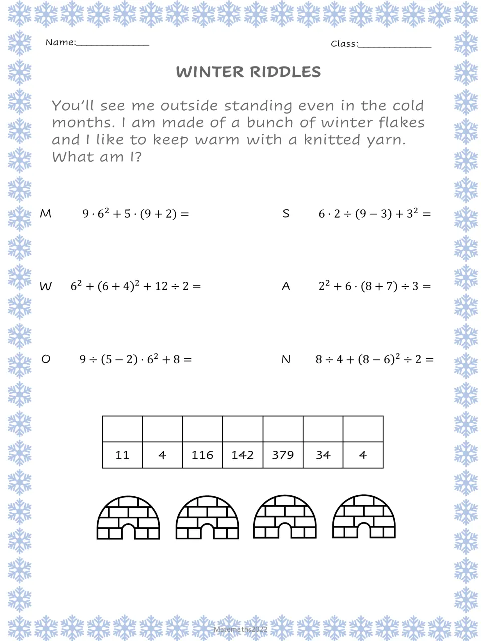 Winter riddle with exponents and parentheses: students solve six multi-step expressions to decode a cold-weather riddle