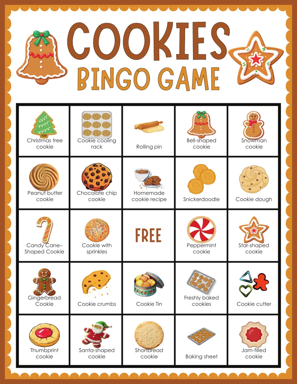 Cookies bingo card: students mark pictured treats, top row Christmas tree cookie, cooling rack, rolling pin, bell, snowman