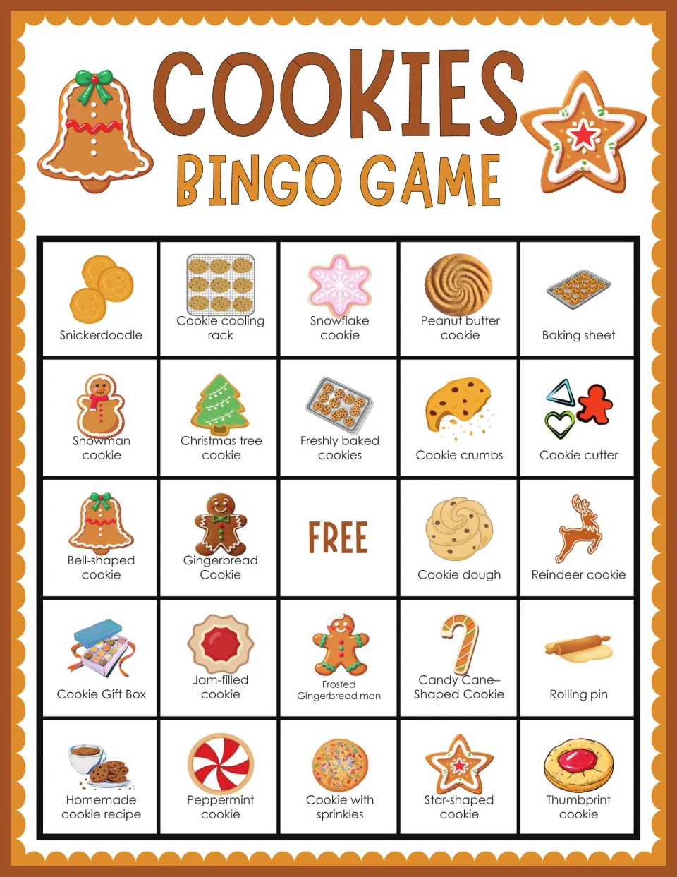Cookies bingo card for marking called items, starting snickerdoodle, cooling rack, snowflake, peanut butter, baking sheet