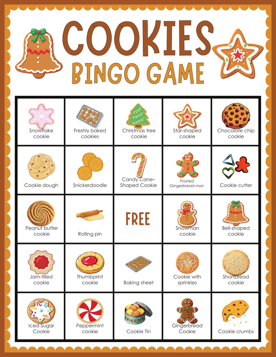 Cookie picture bingo card: top row snowflake cookie, freshly baked cookies, Christmas tree, star-shaped, chocolate chip