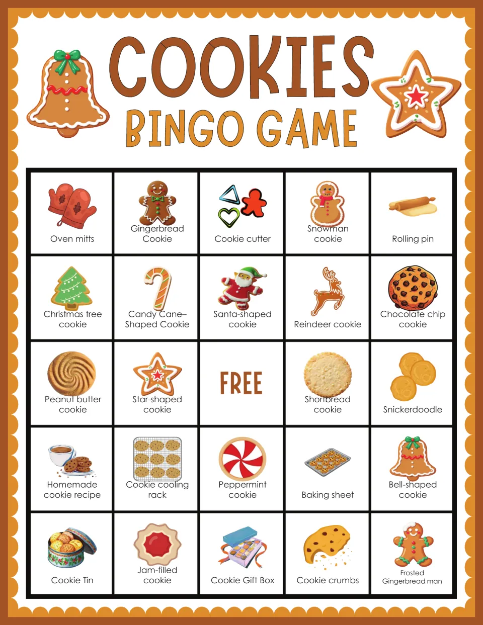 Cookies bingo card with oven mitts, gingerbread cookie, cookie cutter, snowman cookie and rolling pin across the top