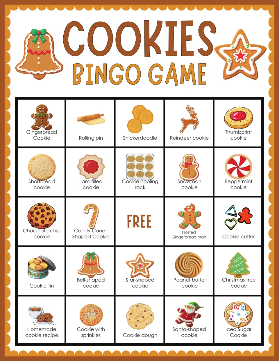 Holiday cookie bingo card: students cover called pictures, starting gingerbread, rolling pin, snickerdoodle, reindeer