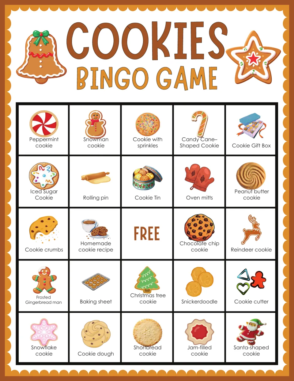 Cookies bingo card opening with peppermint, snowman, sprinkle cookie, candy cane cookie and cookie gift box; FREE center