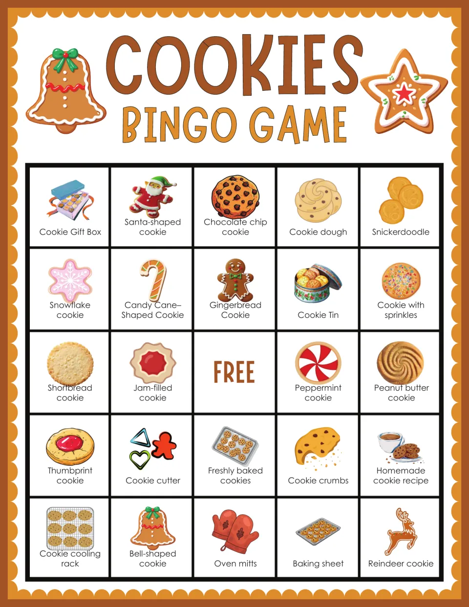 Cookie bingo card: top row cookie gift box, Santa-shaped cookie, chocolate chip, cookie dough and snickerdoodle pictures