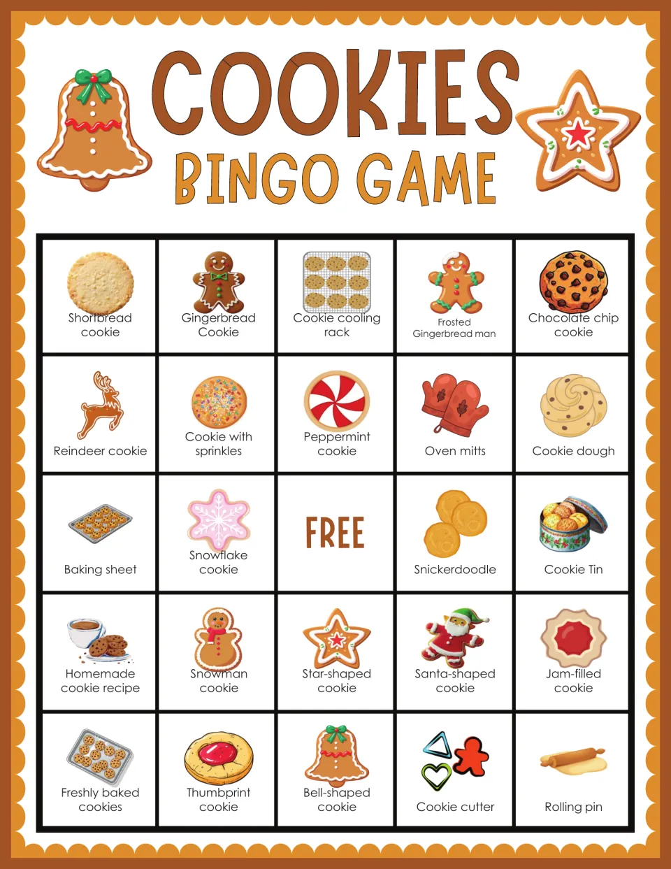 Cookies bingo card led by shortbread, gingerbread, cooling rack, frosted gingerbread man and chocolate chip cookie