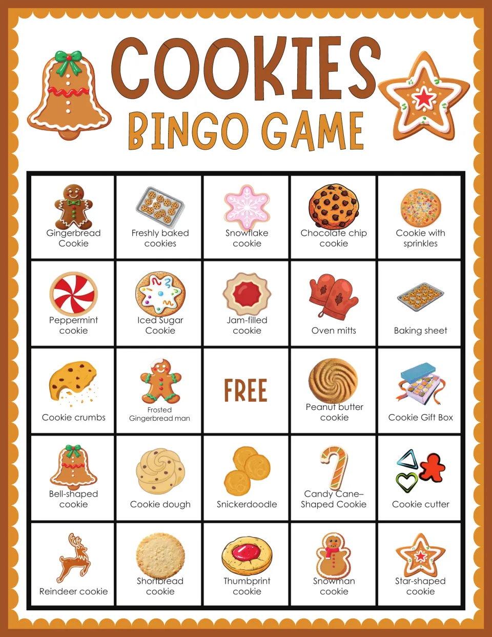Christmas cookie bingo card: mark 24 pictures; top row gingerbread, fresh-baked, snowflake, chocolate chip, sprinkles