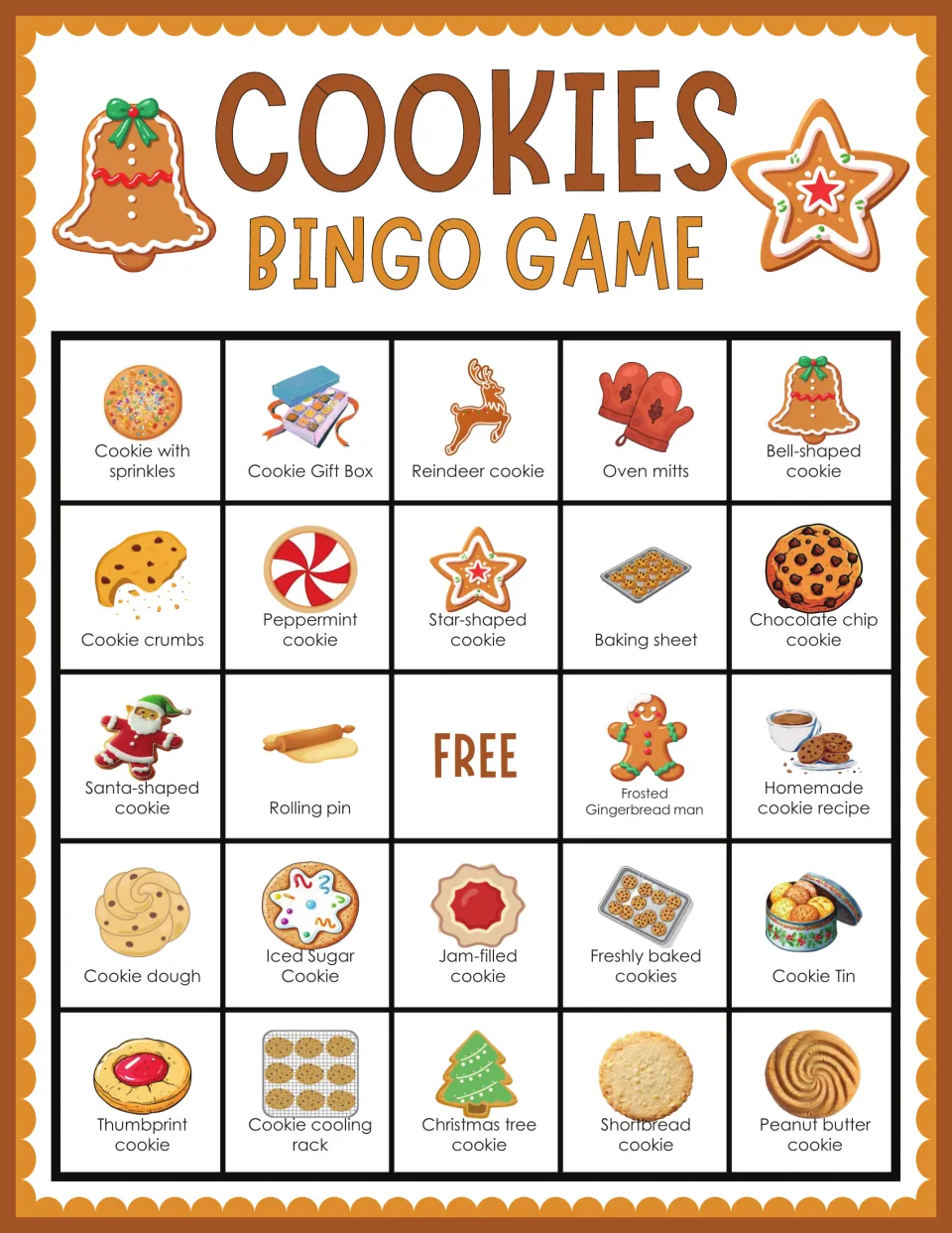 Cookies bingo card topped by sprinkle cookie, gift box, reindeer cookie, oven mitts and bell-shaped cookie; FREE middle