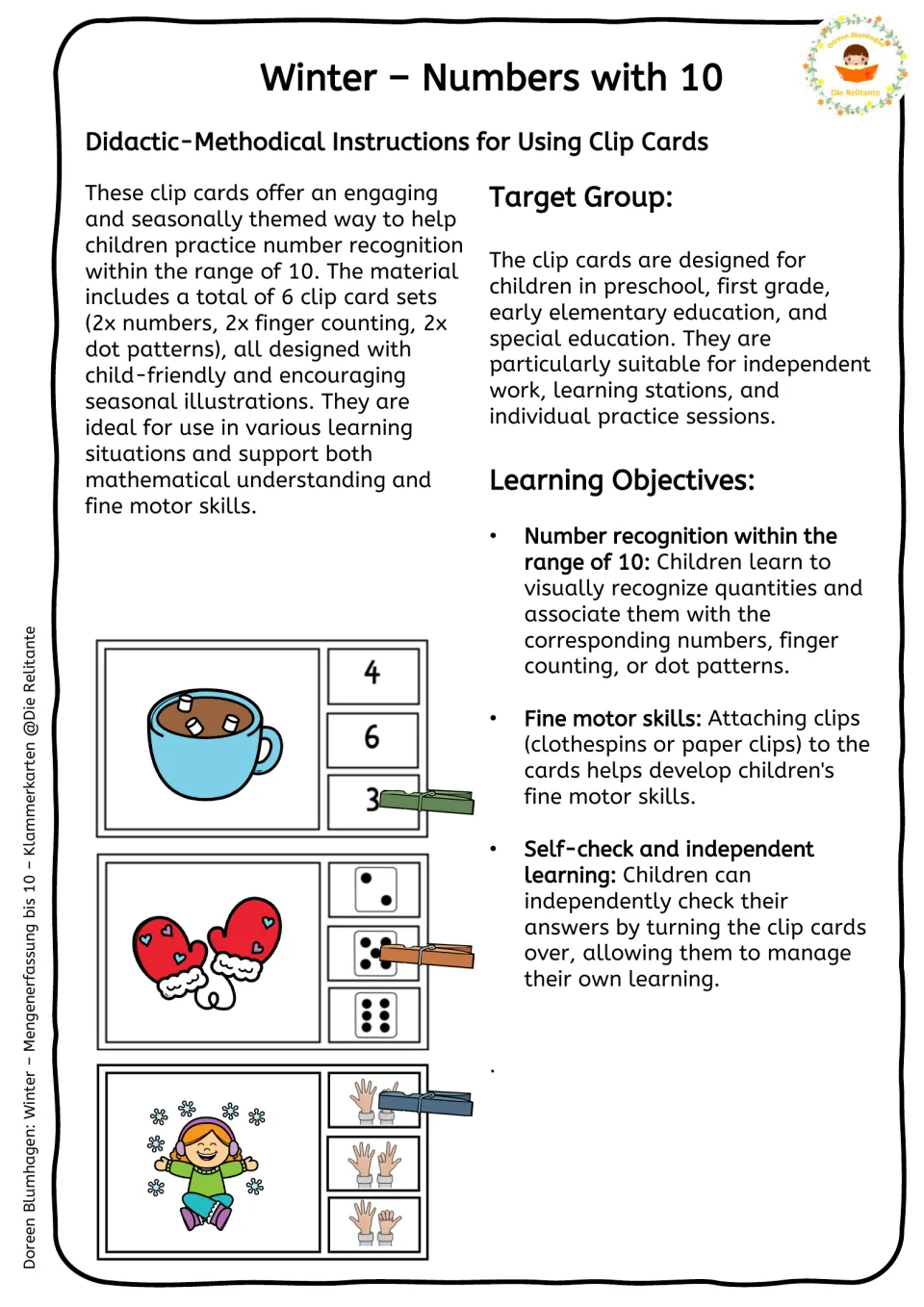 Clip-card teaching guide introduces six sets, intended learners, number recognition, and self-checking