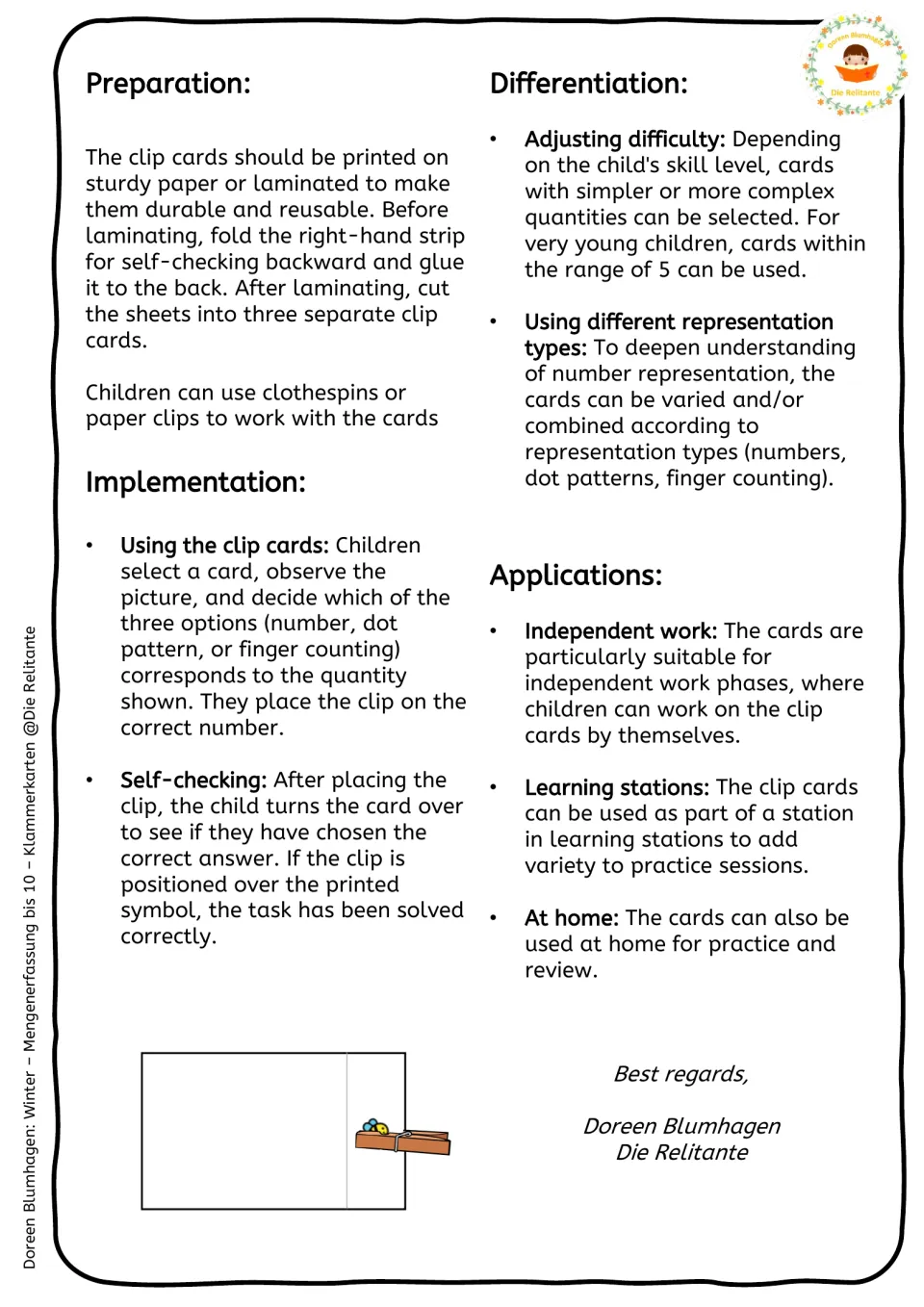 Clip-card directions explain printing, folding self-check strips, clipping answers, and adjusting difficulty