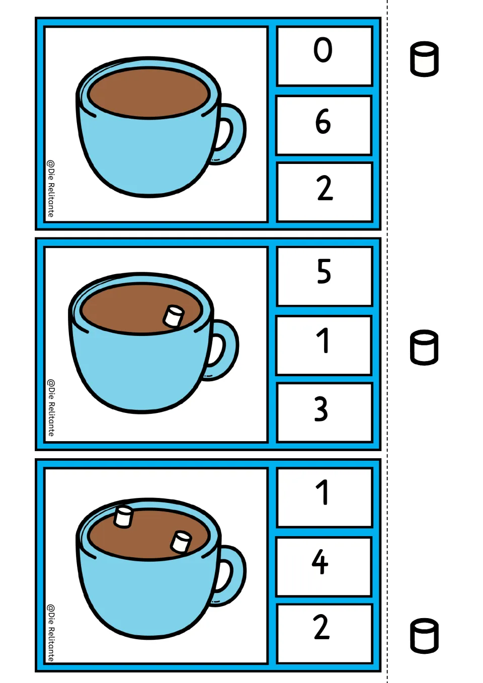 Hot cocoa counting clip cards for 0, 1, and 2 marshmallows, each offering three numeral answer choices