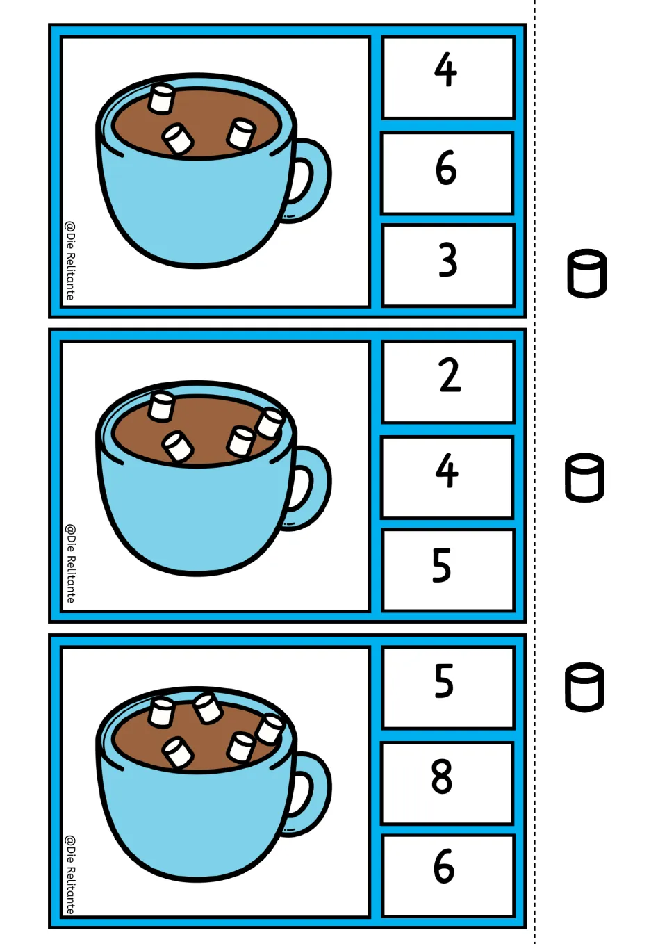 Hot cocoa counting clip cards for 3, 4, and 5 marshmallows, each offering three numeral answer choices