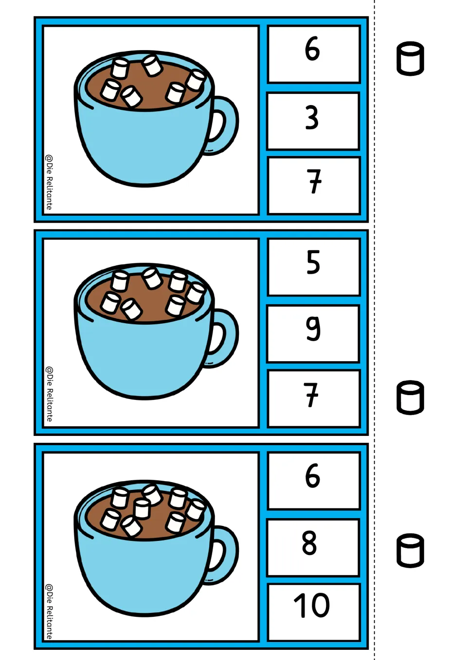 Hot cocoa counting clip cards for 6, 7, and 8 marshmallows, each offering three numeral answer choices