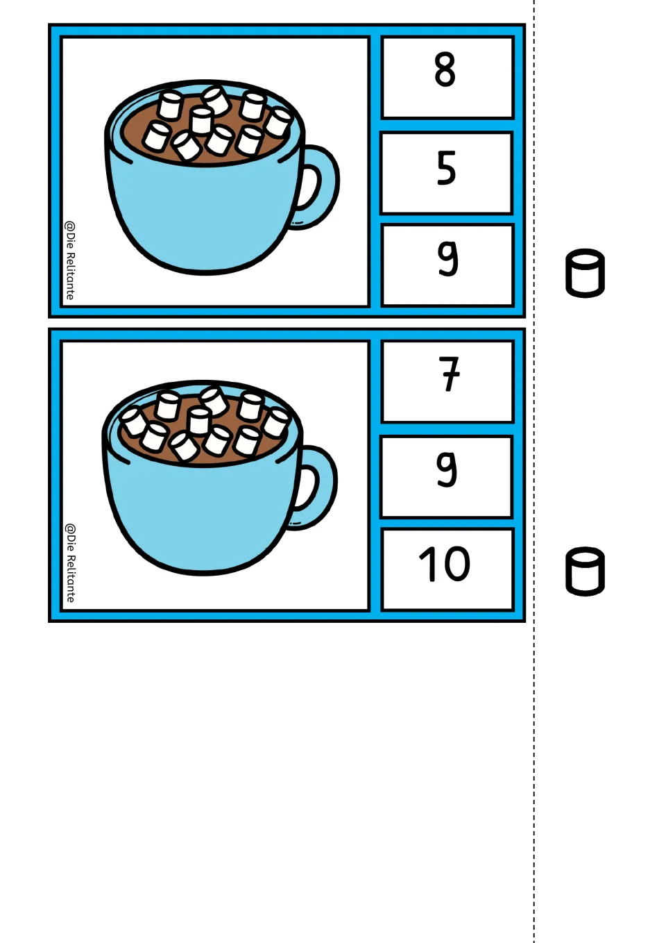 Hot cocoa counting clip cards for 9 and 10 marshmallows, each offering three numeral answer choices