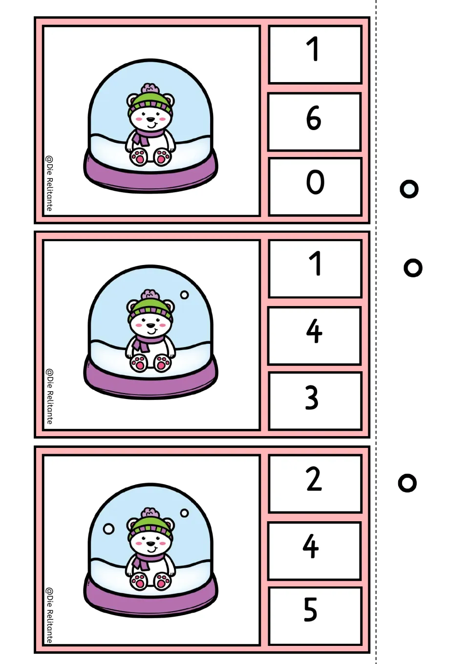 Snow globe counting clip cards for 0, 1, and 2 snow dots, each offering three numeral answer choices