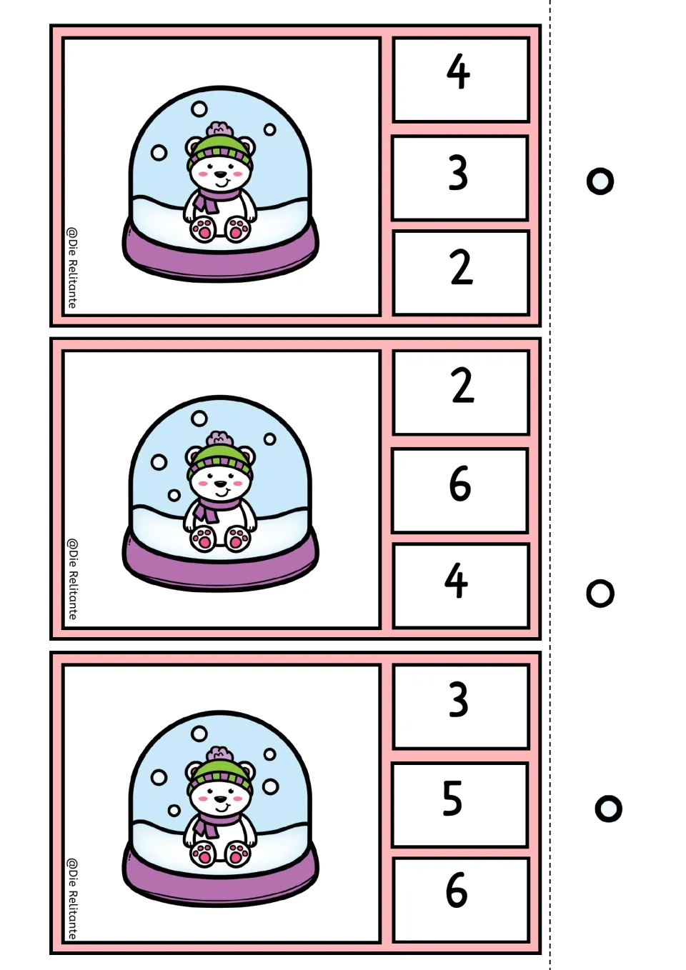 Snow globe counting clip cards for 3, 4, and 5 snow dots, each offering three numeral answer choices