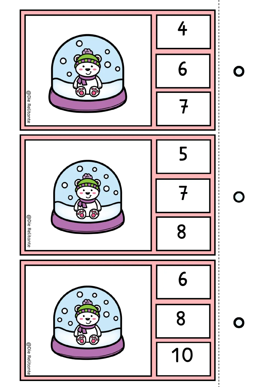 Snow globe counting clip cards for 6, 7, and 8 snow dots, each offering three numeral answer choices
