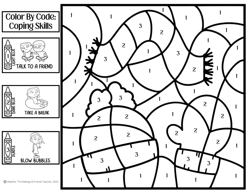 Coping skills color by code: students color a scarf, hat and mittens using 3 codes like talk to a friend and take a break