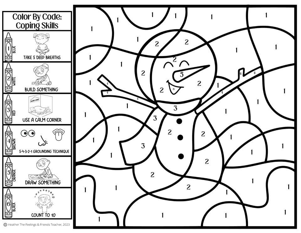 Snowman color by number: students color 6 coded areas tied to skills like use a calm corner and 5-4-3-2-1 grounding