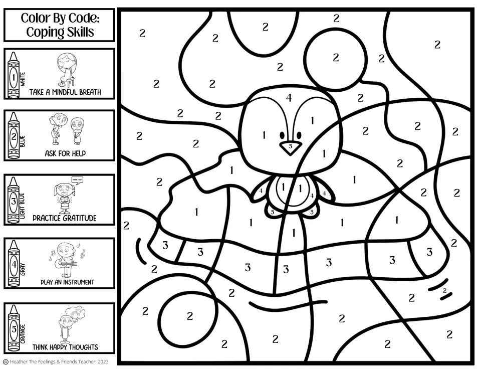 Penguin on ice color by number: students color 5 codes such as take a mindful breath and think happy thoughts
