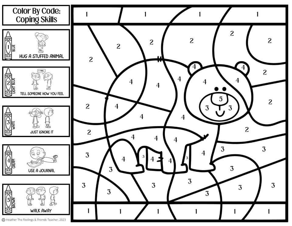 Polar bear color by code: students color 5 coded areas linked to tell someone how you feel, use a journal and more