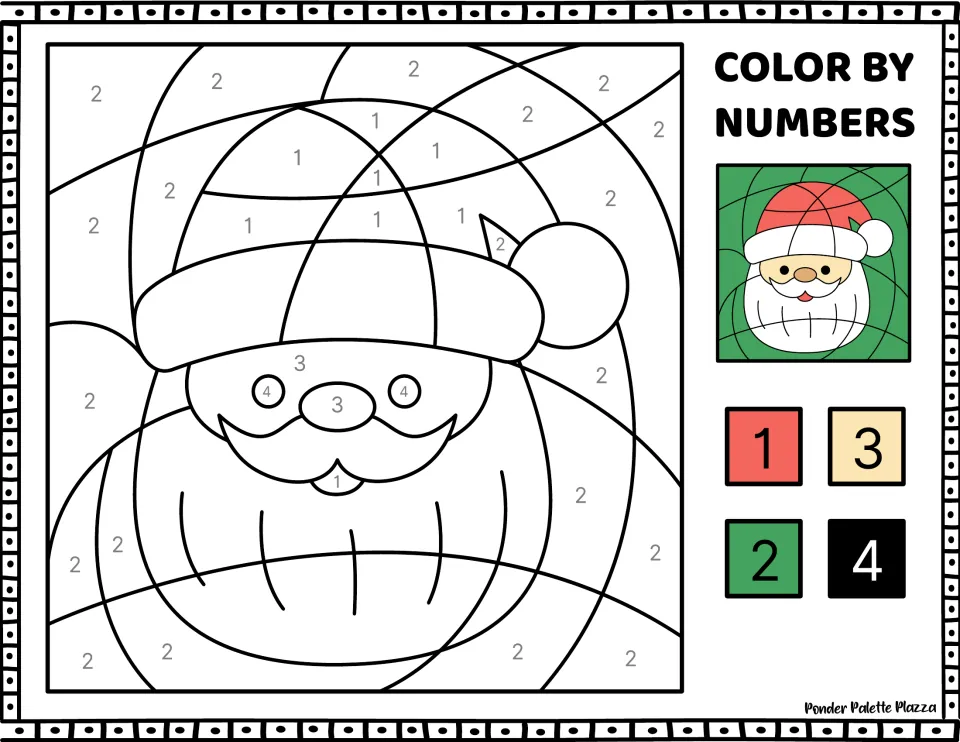 Santa color-by-number activity using numbers 1–4 for red, green, cream, and black, with a colored example