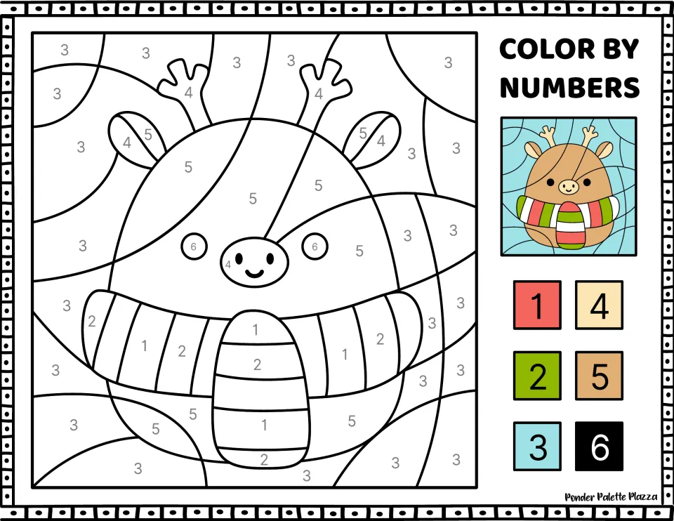Reindeer color-by-number activity featuring antlers and a striped scarf, with a color key numbered 1–6
