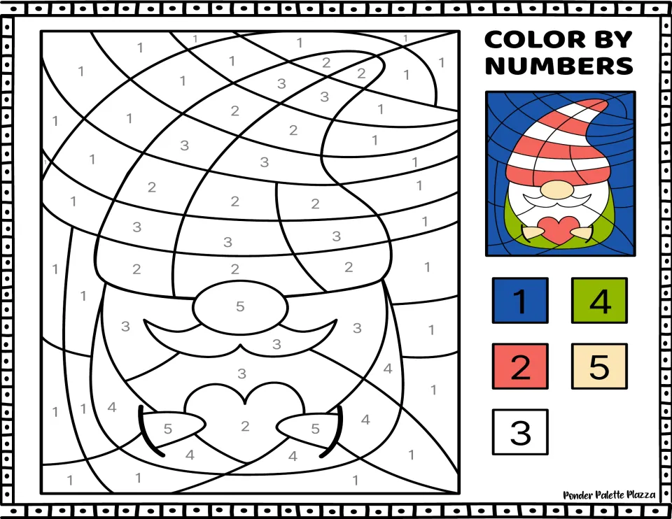 Gnome color-by-number activity featuring a striped hat and a heart, with a color key numbered 1–5