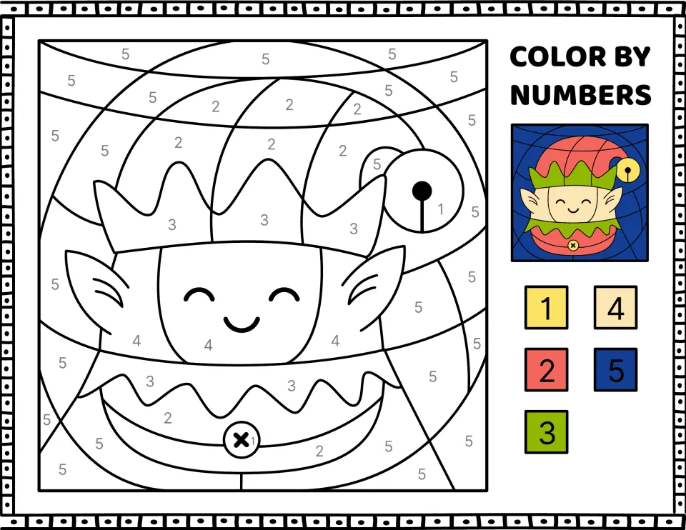 Elf color-by-number activity featuring pointed ears and a hat with a bell, with a color key numbered 1–5