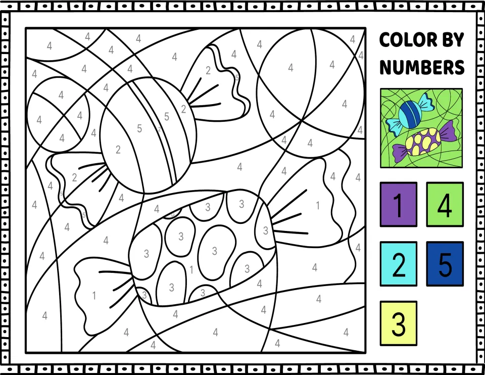 Wrapped candy color-by-number activity featuring two candies with stripes and spots, using numbers 1–5