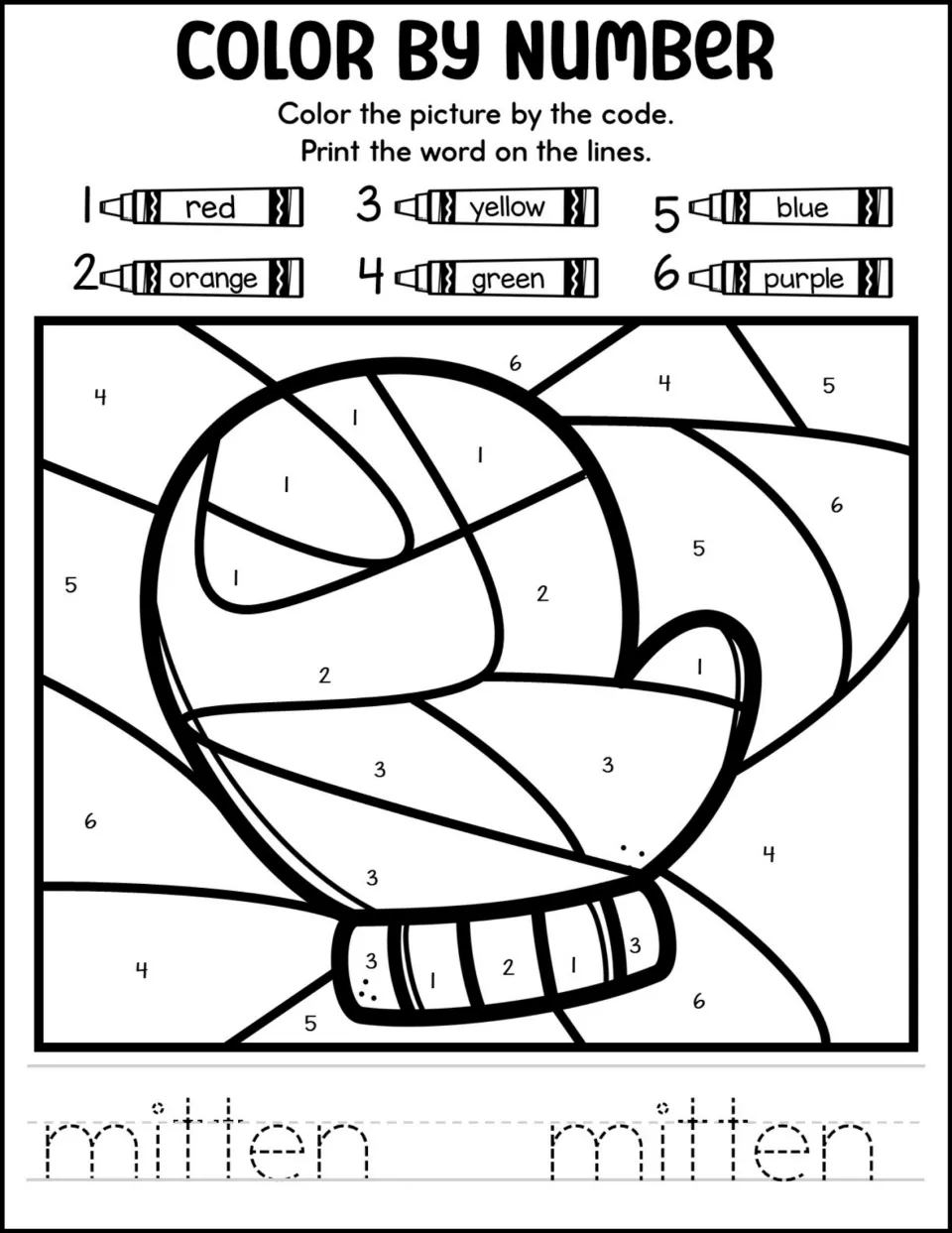 Mitten color by number: students match numbers 1-6 to a crayon color code, color the mitten, then trace the word mitten
