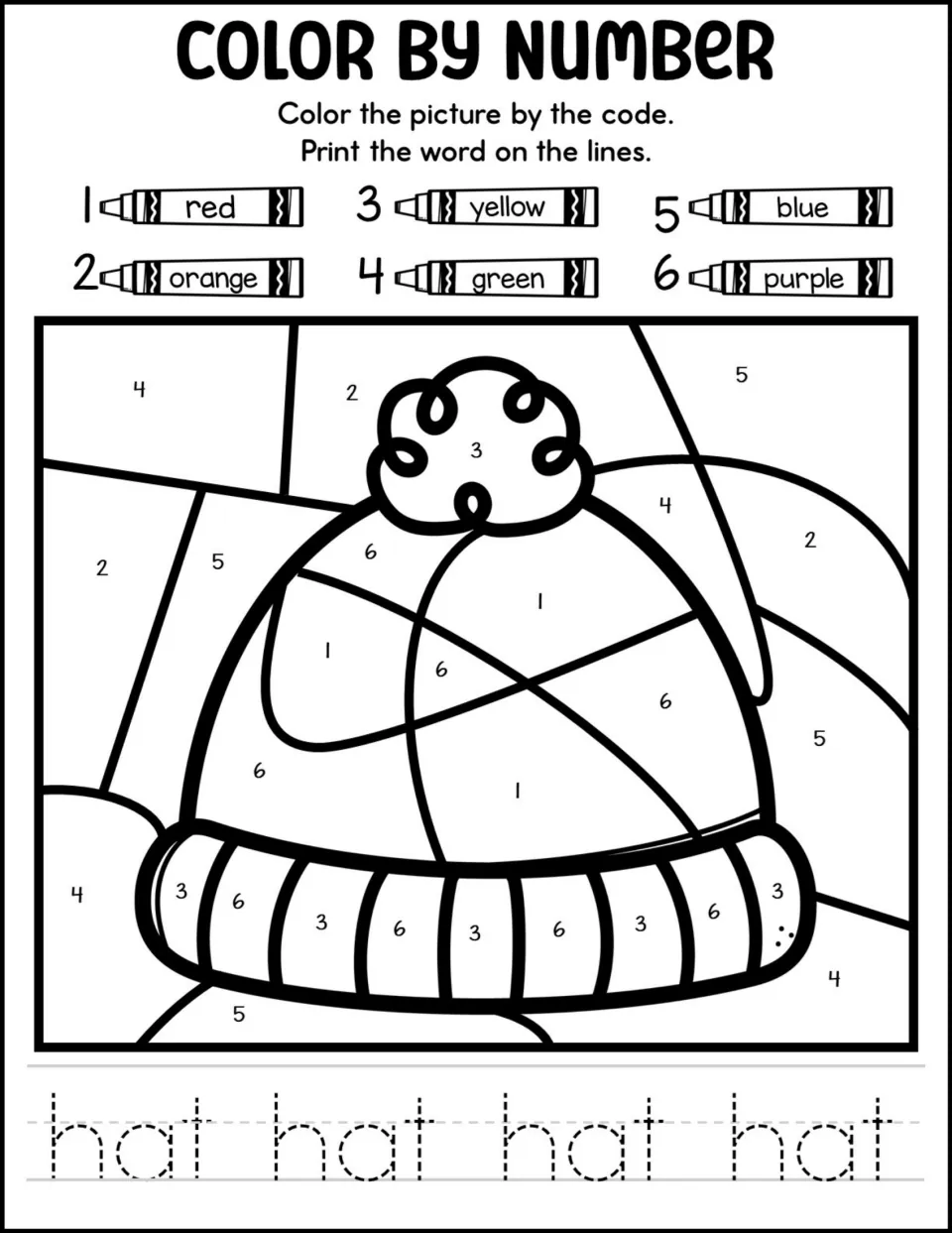 Winter hat color by number: students color a pom-pom hat using a 1-6 crayon code, then trace the word hat four times