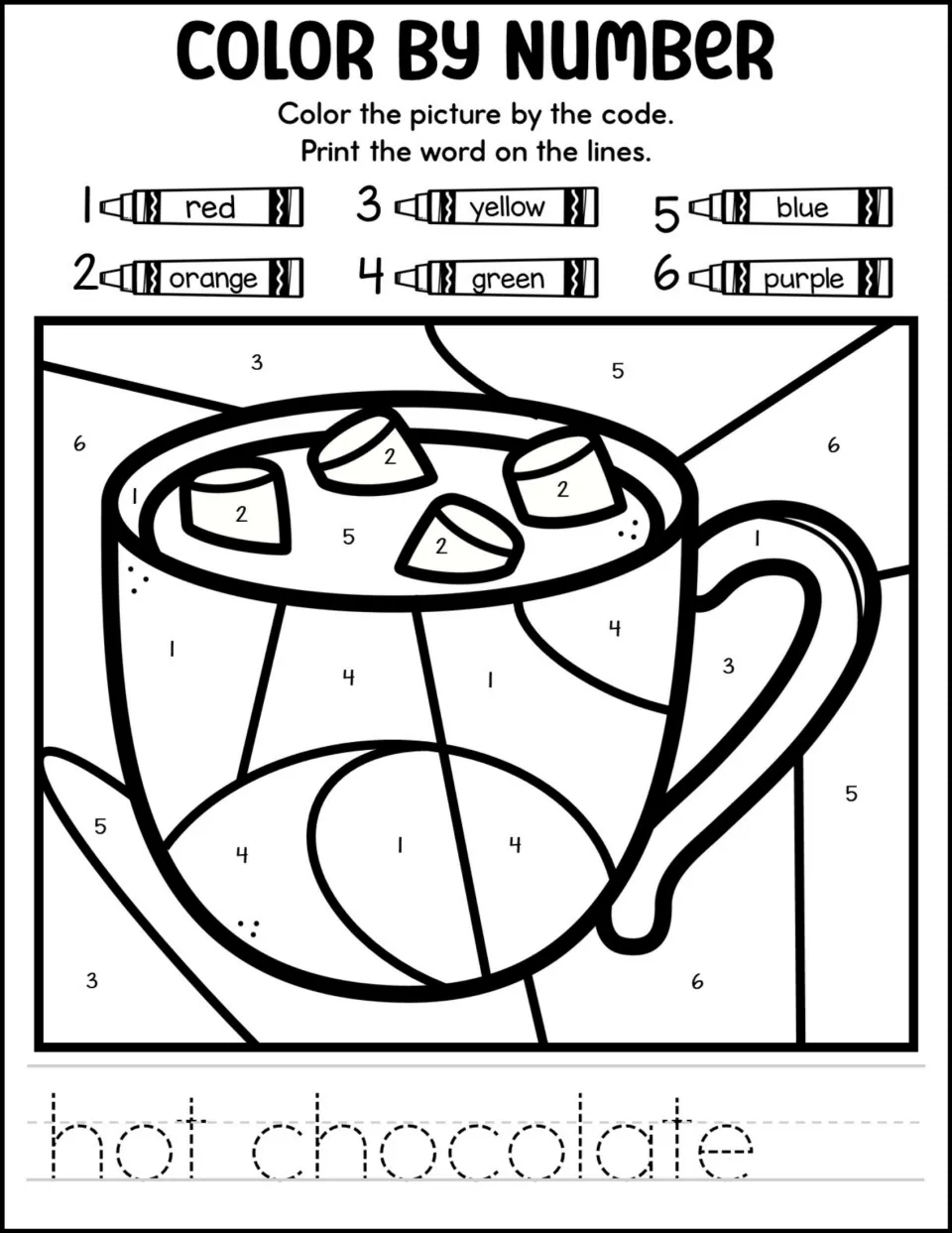 Hot chocolate color by number: students color a mug with marshmallows by a 1-6 code, then trace the words hot chocolate