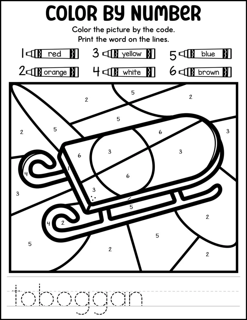 Toboggan color by number: students use a code with white and brown for 4 and 6 to color a sled, then trace toboggan